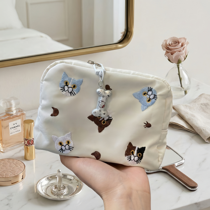Whimsical Cat Embroidery Cosmetic Pouch