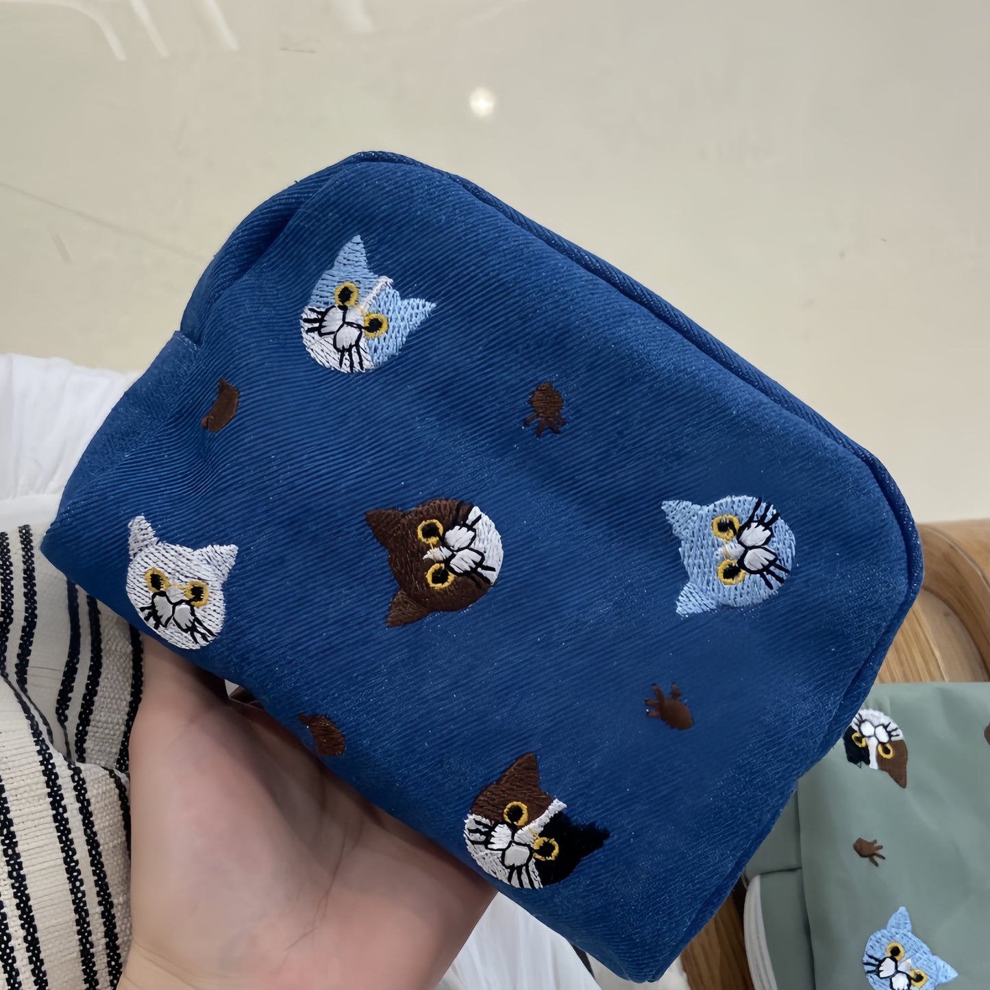 Whimsical Cat Embroidery Cosmetic Pouch